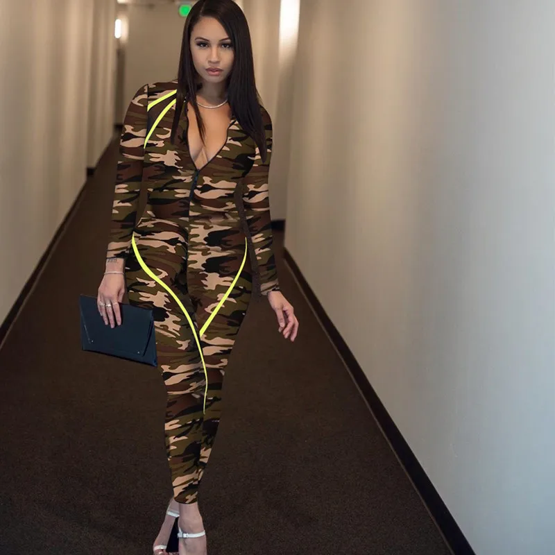 ANJAMANOR зеленый камуфляж передняя молния с длинным рукавом Bodycon комбинезон для