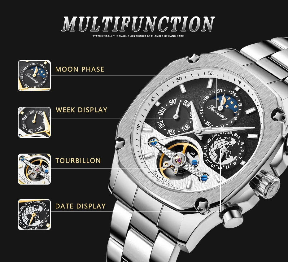 FORINING мужские часы автоматические механические часы Moon phase Tourbillon часы для мужчин s Скелет Мужские часы Relogio Masculino подарки