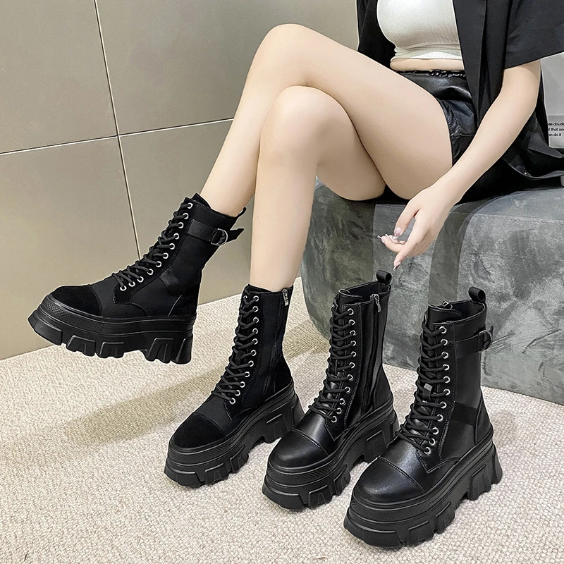 Женские высокие кроссовки черные на платформе 8 см | Обувь