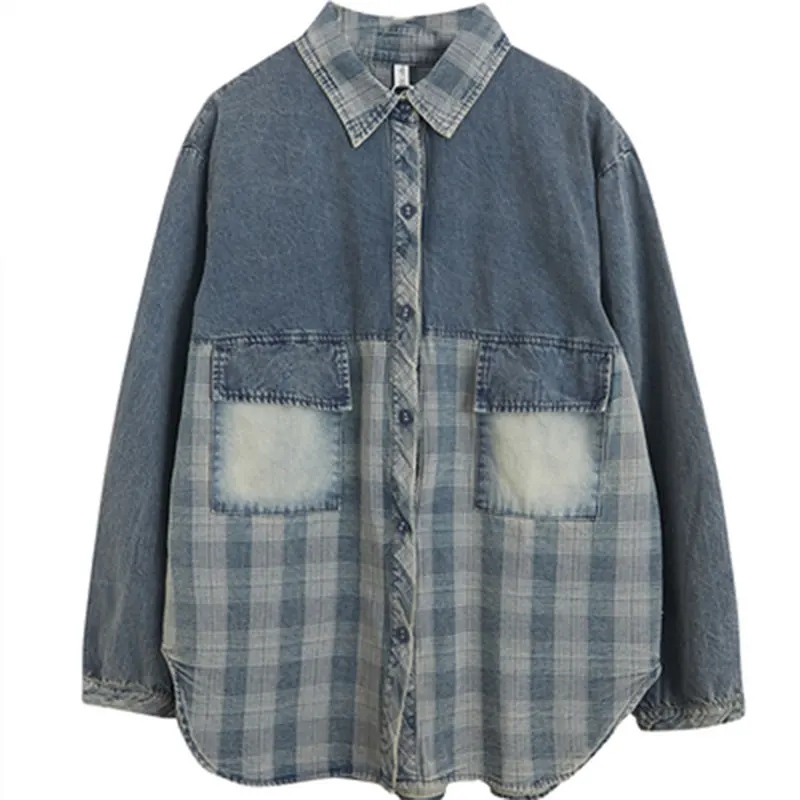 

Autumn Arts Style Women Long Sleeve Loose Cotton Denim Shirt Double Pocket Plaid Patchwork Casual Blouses Plus Size Tops M522