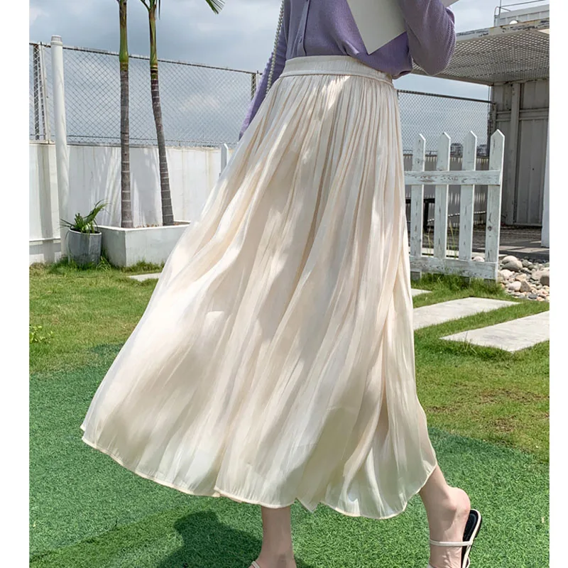 

Элегантная однотонная плиссированная юбка миди, Женская Корейская атласная Макси-юбка с высокой талией на весну и лето, женские юбки 1336 #