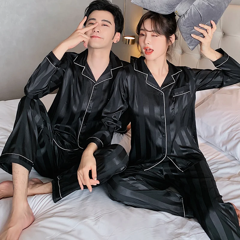 

Autumn Silk Couple Pajamas Sets Female Nightwear Family Pijama Lover Night Men & Women Casual Satin Pajamas For Men Sleepwear