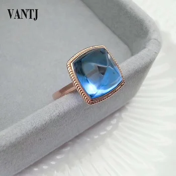 VANTJ Real14K Rose Gold Ring Sterling Blue Topaz Fine Jewelry For Women Engagement Wedding Party Gift