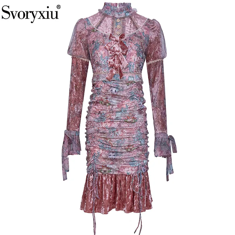 

Svoryxiu Runway Fashion Autumn Winter Party Bow Dress Women's Flared Sleeves Beaded Print Ruched Bodycon Dresses Vestdios
