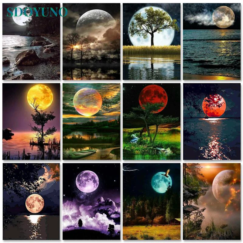 

SDOYUNO Acrylic Paint By Numbers Kits On Canvas Moon Scenery DIY Frame 60x75cm Oil Painting By Numbers Landscape Home Decor
