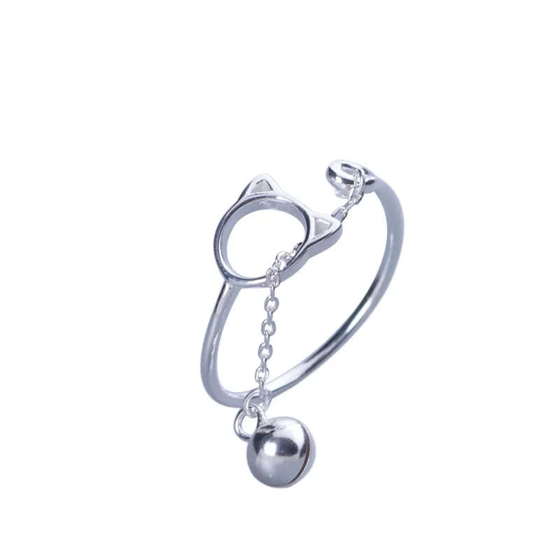 

Real 925 Sterling Silver Minimalist Geometric Hollow Cat Bell Adjustable Ring For Fashion Women Party Fine Jewelry