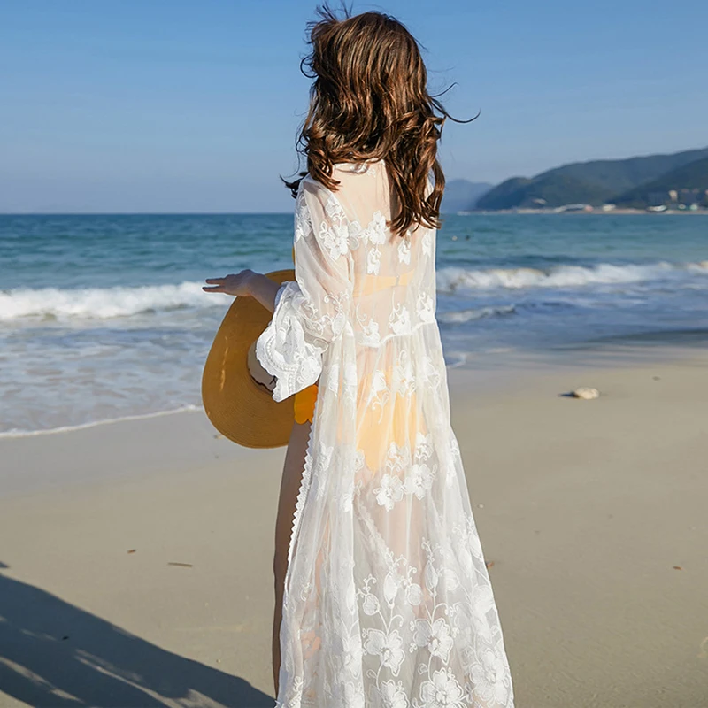 Crochet Tunic Beach Dress Slit Hemline Cover-ups Sexy Hollow Out Knitted Swimsuit Cover Up Long Sleeve Summer Women Beachwear | Женская