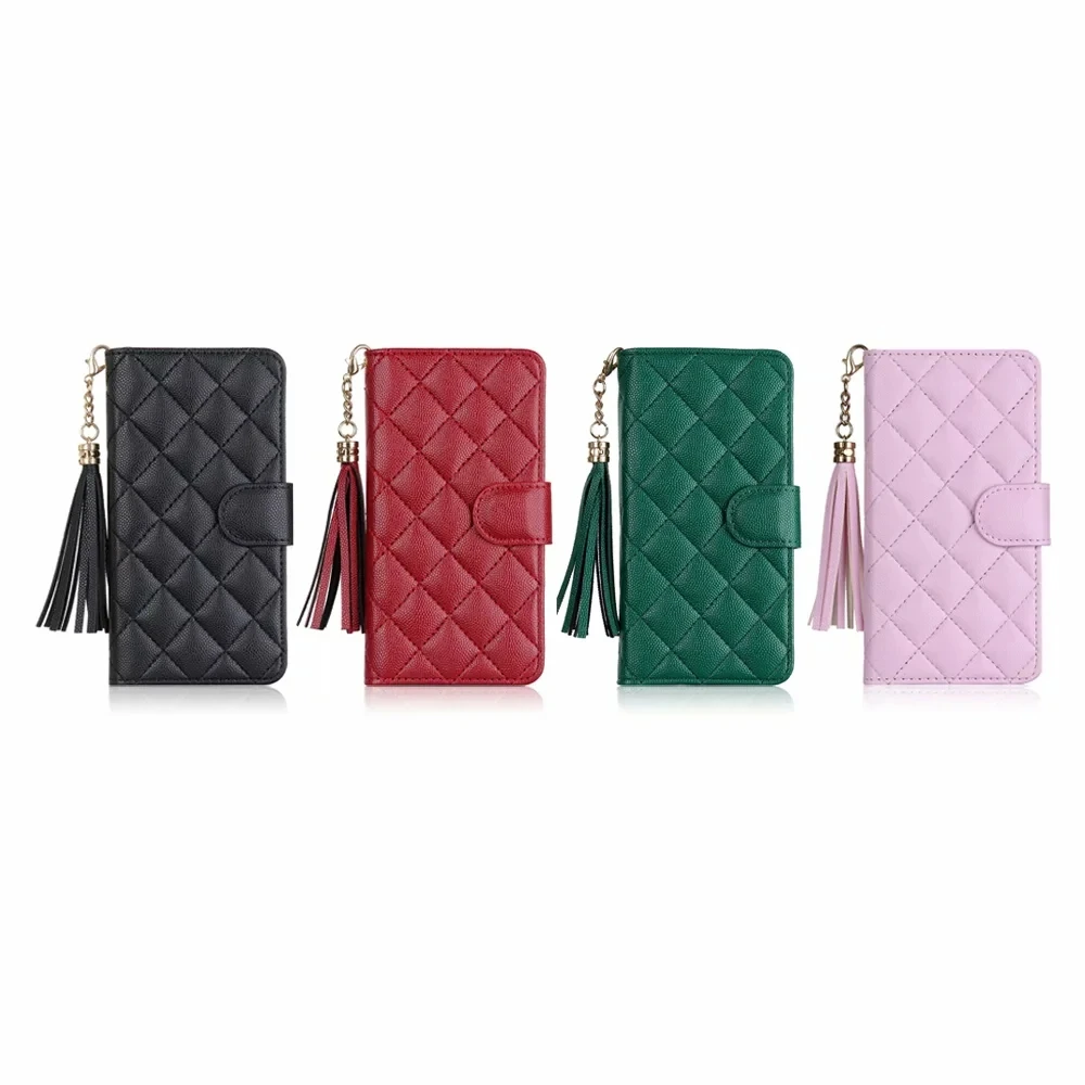 

Luxury Flip Wallet Grid Lambskin Leather Case Cover For Iphone 12 Mini 11 Pro XS Max XR X 8 7 6 6S Plus SE Tassel Pendant Case