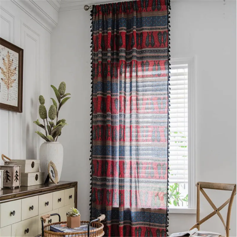

Bohemian Print Red Flower Curtain Finished For Living Room Window Curtain Black Tassels Bay Kitchen Drape Panel X-JD1100