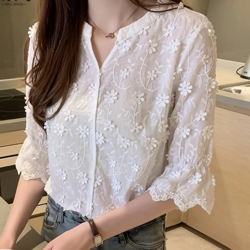

Женская кружевная блузка, Повседневная белая блузка с рукавом три четверти и цветочным принтом, лето 2021