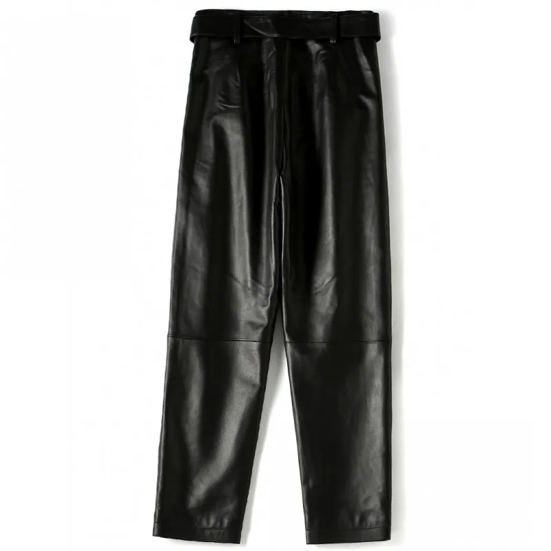 

Office Lady Genuine Leather Trousers Luxury High Waist Sashes Sheepskin Harem Pants Women Streetwear Loose Pencil Pants M-2XL