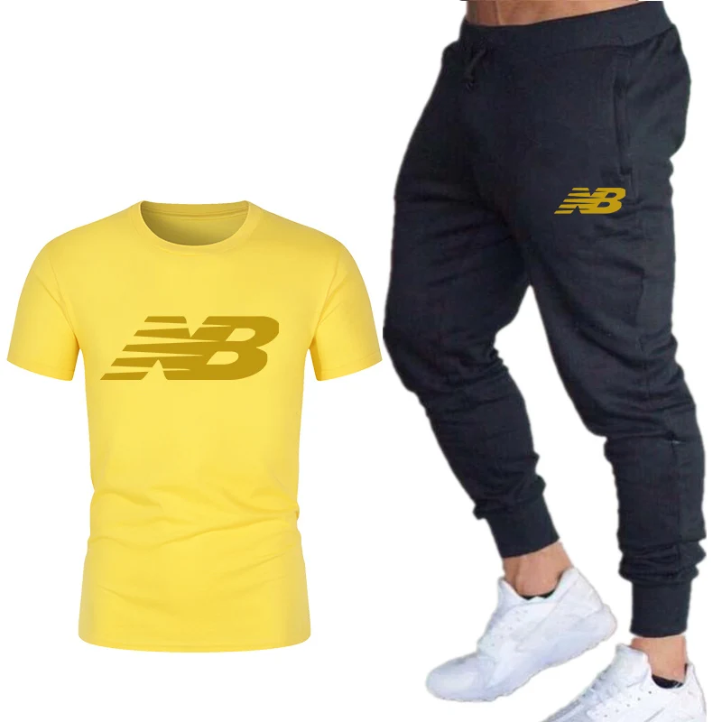 

2021 Men's Brand Printed NB Sportswear Set Pure Cotton Fitness Running Wear Fashion Short Sleeve T-shirt + Jogging Pants 2 Pack