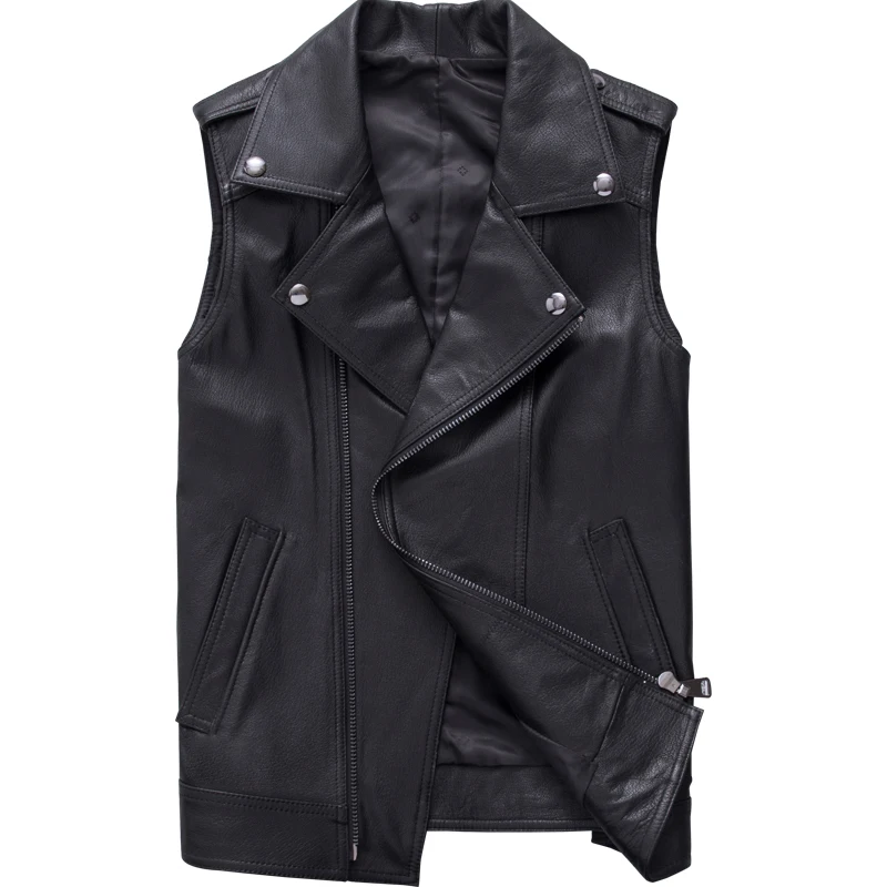 

Natural Men Biker Leather Short Waistcoat Autumn Slim Zipper Business Black Vest Brand Casual Streetwear Sleeveless Jacket