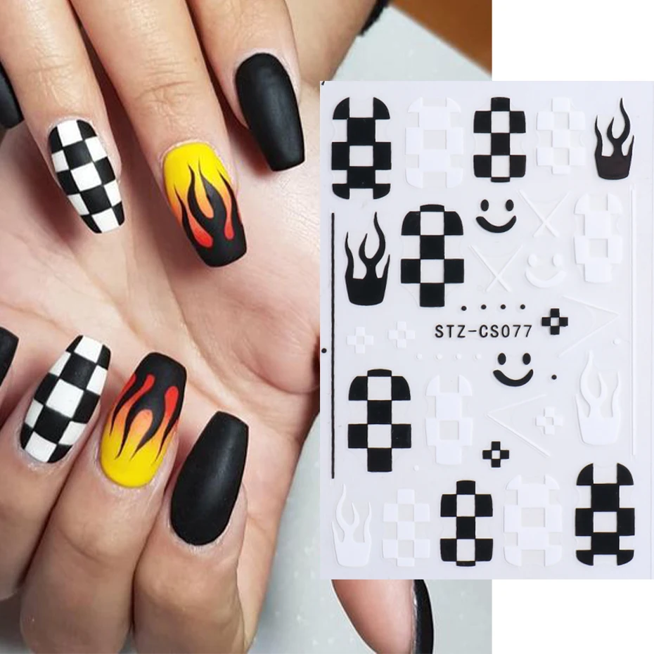 3D Черно-Белая Луна Звезда Наклейки Для Ногтей Шахматная Доска Улыбка Пламя Узоры