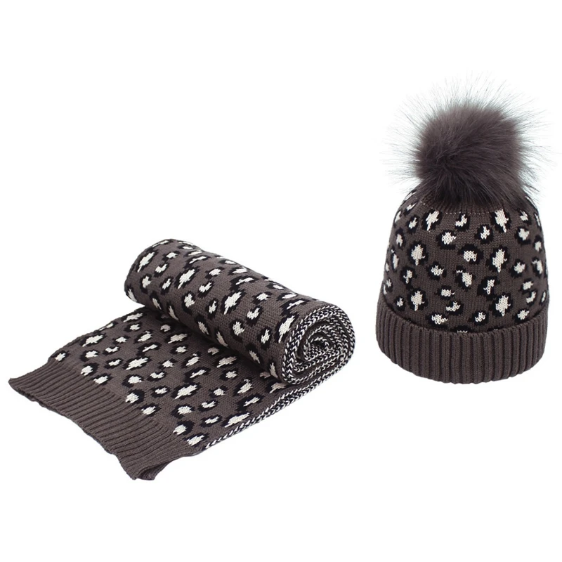 Для женщин зимние Винтаж Леопардовый вязаный помпон Манжеты Шапочка и шарф шаль