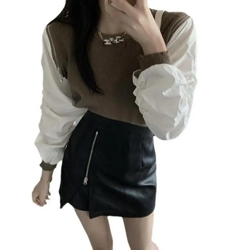 

2021 New Fashion O Neck Oversize Sweater Women's Casual Zipper Decorate Long Sleeve Patchwork Knitted Tops Female Sweaters