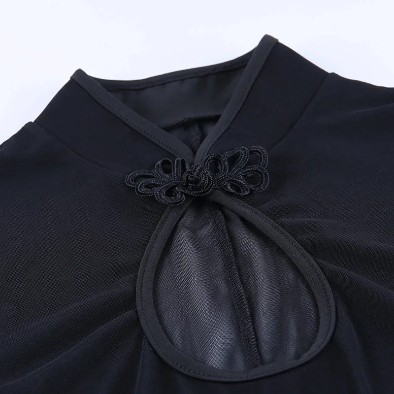 

OSLLENLLA Sexy Mesh See Through Mini Dress Women Short Sleeve Bodycon Dress Stand Neck Hollow Out Party Club Transparent Dress