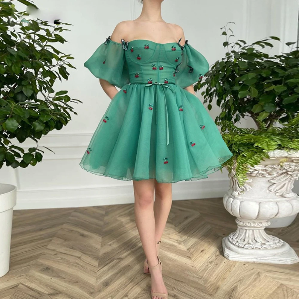 Puff Sleeves Prom Dresses Knee Butterfly Appliques Sweetheart Length Formal Party Gowns's Women Green Cocktail Dress 2021 | Свадьбы и