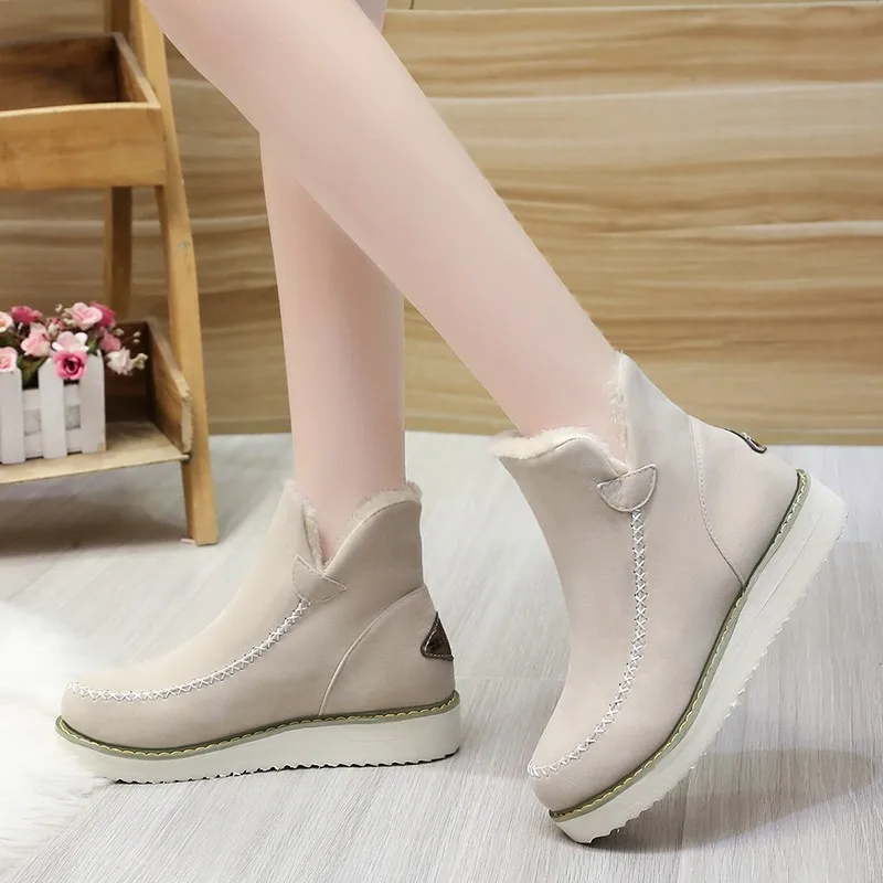 

Women Anti-ski Snow Boots Winter Boots Round Toe Ankle Warm Plush Boots 2021 Black Beige Brown Flats Shoes Female Slip-On Boots