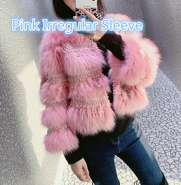 Pink 1 Женская шуба из натурального Лисьего меха с бахромой и яркими бриллиантами, женская повседневная куртка с круглым вырезом и длинным рукавом, короткая зимняя куртка из лисьего меха - Цвет: Pink 1