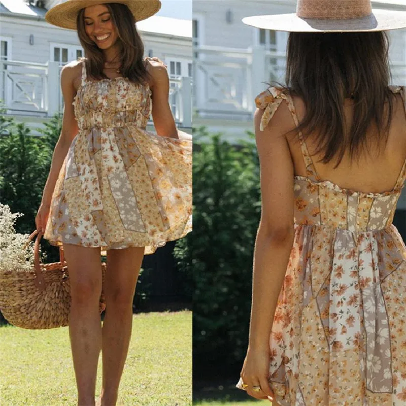 

FUFUCAILLM New Summer Floral Boho Women's Dress Strap Shoulder Waist Sling Spaghetti vestido de mujer 2021