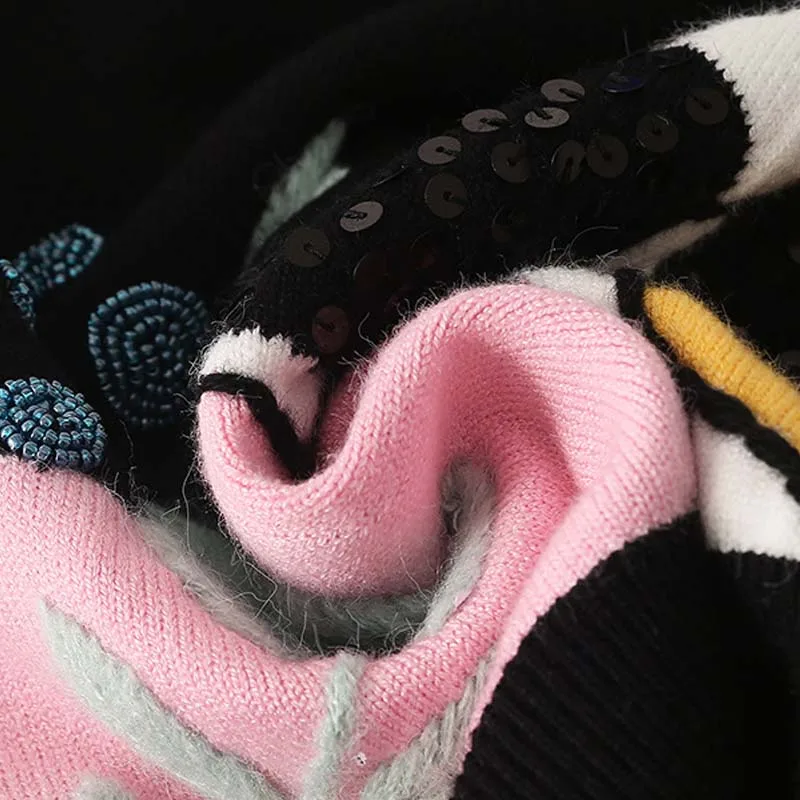 2019 Зимний новый женский свитер контрастный полосатый рукав вышивка листья