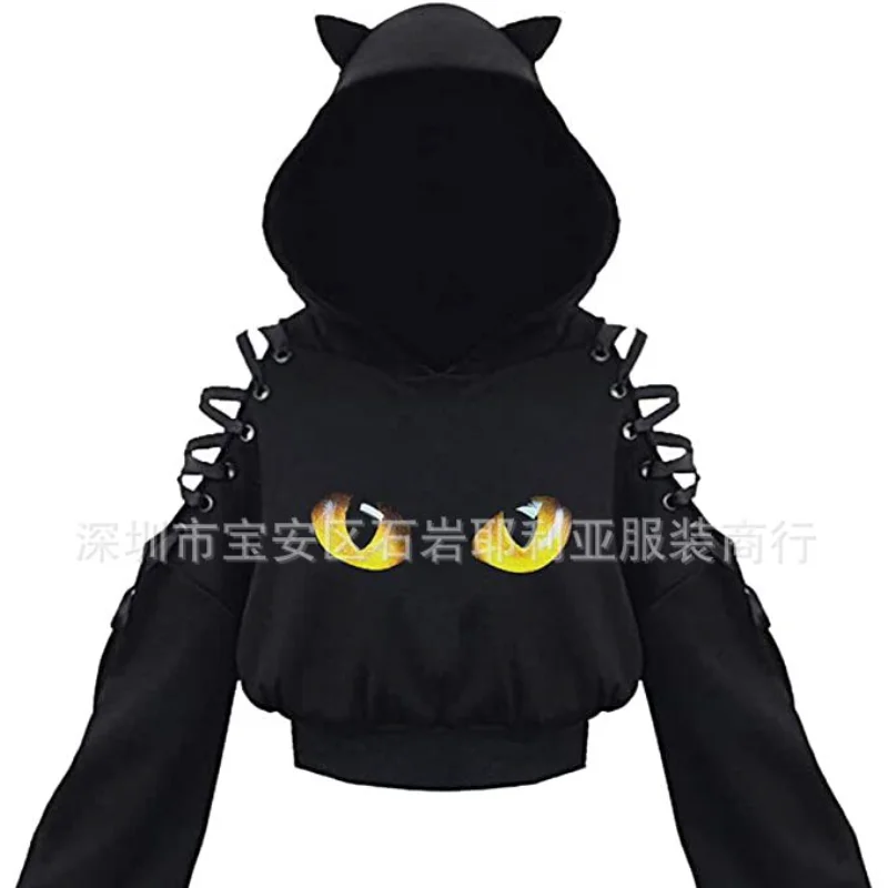 

2021 Japanese anime cute cat cat ears cosplay belly button sweater enchanting hip-hop women's clothing Printed hooded sweatshirt