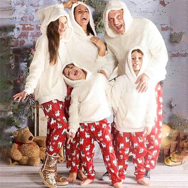 

Imcute Winter Christmas Family Matching Outfits Adults Kids Family Look Hooded Hoodie Sweatshirt Fleece Warm Sleepwear Set