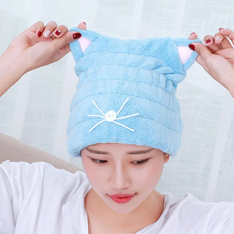 

Cat Ears Shape Cute Bath Accessories Coral Velvet Dry Hair Hat Microfiber Solid Womens Cap Drying Towel Head Wrap Hats