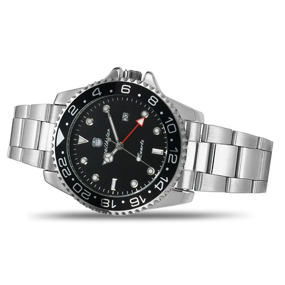 

Wealthstar Brand Men Watches 44mm Case Auto Date Quartz Watches Stainless Steel Band Classic Watch Gmt Men Luxury Sports Watch
