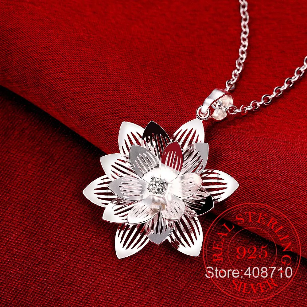Элегантный 100% 925 Стерлинговое серебро подвеска ввиде цветка лотоса ожерелья для