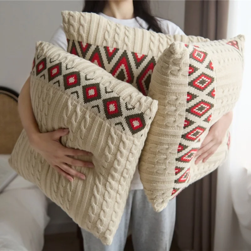 

YIRUIO Bohemian Embroidery Pattern Cushion Covers 45*45CM Beige Soft Cozy Delicate Knitted Decorative Sofa Bed Pillow Case Cover