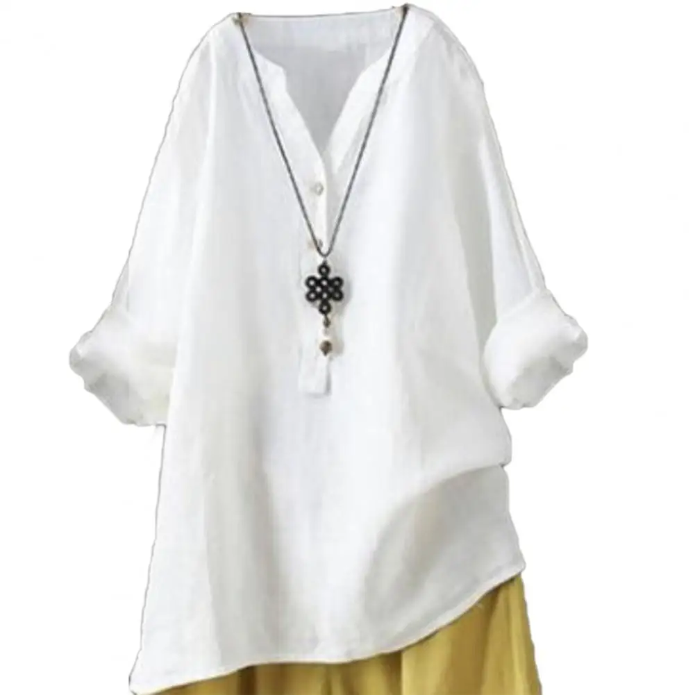 

Plus Women Blouse Washable Linen Shirt Top Solid Color Long Women Shirt Top