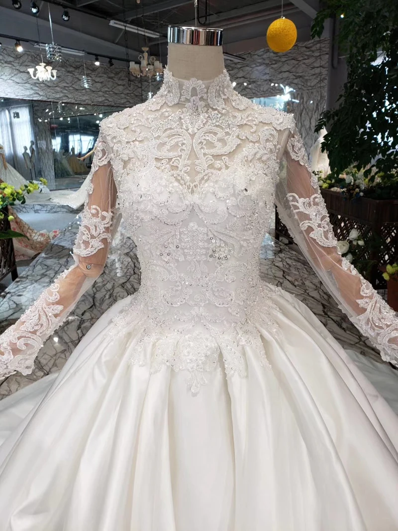 Атласное мусульманское свадебное платье BGW HT5611 с высоким воротом длинными