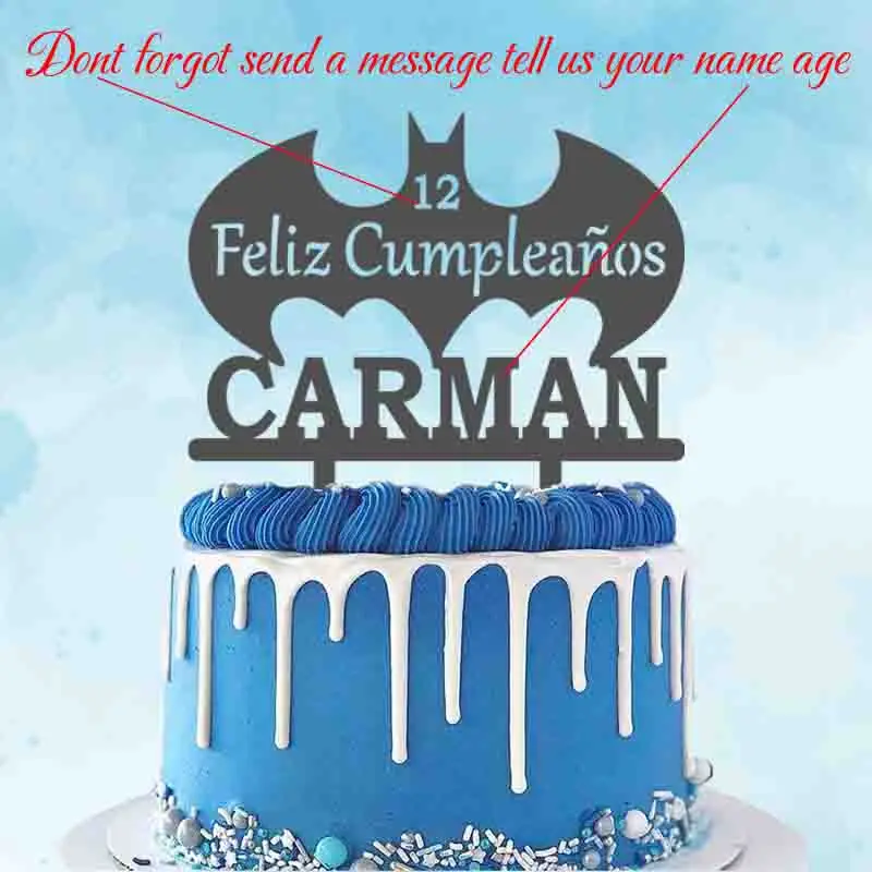 Фото Пользовательское имя, возраст, испанский Feliz Cumpleaños, топпер для торта с изображением летучей мыши для дня рождения, украшение торта, топпер YC075 №2