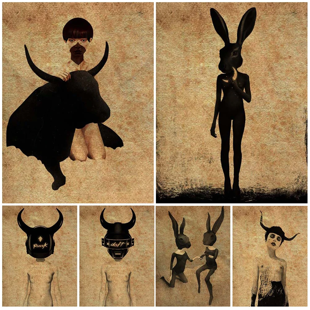 

Винтажный портрет головы кролика, рожки, фотообои, искусство, холст, живопись, художественный постер, домашний декор, настенные картины для ...