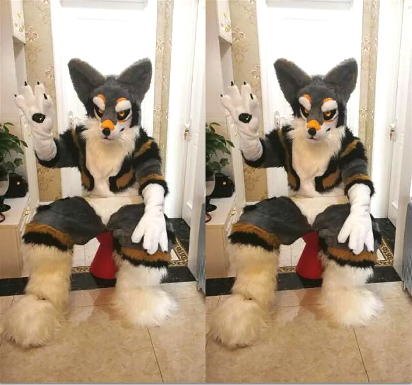 Лайка с серым окрасом волк собака лиса Fursuit пушистый костюм талисмана прохладный