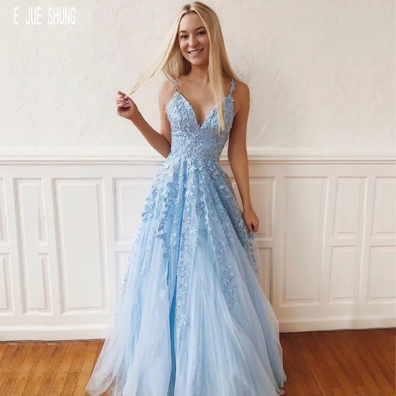 

E JUE SHUNG Modern Blue Prom Dresses Spaghetti Strap Zipper Back Lace Appliques Evening Gowns Formal Dresses vestidos de fiesta