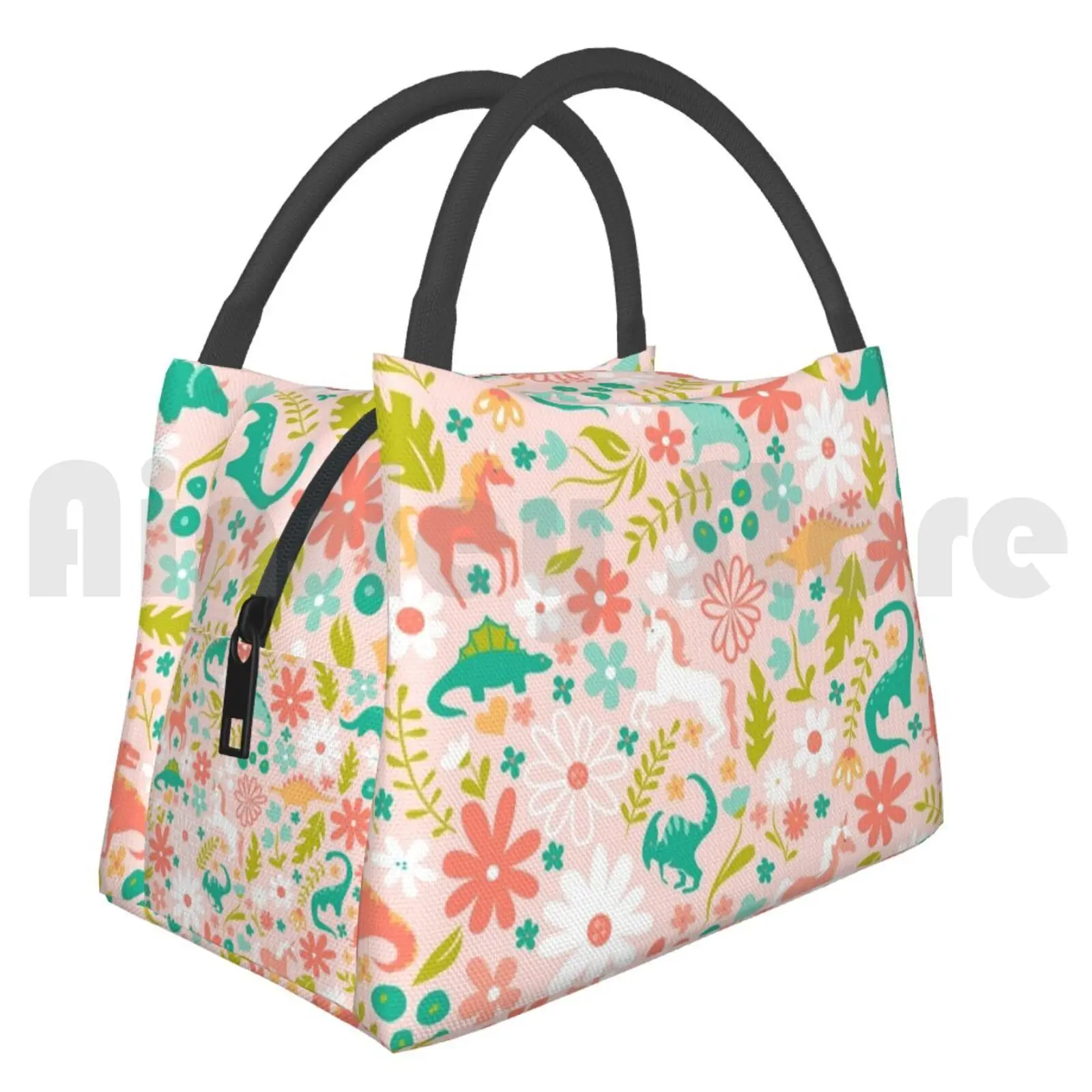 Lunch Bag Picnic Bag Dinosaurs Unicorns On Pink Dino Dinosaur Magical Unicorn Horse Garden Spring Flower