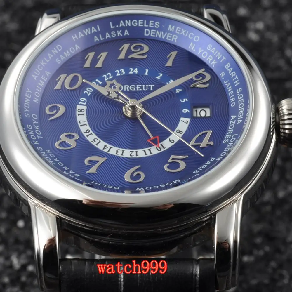 Corgeut 43 мм синий циферблат серебряный корпус GMT автоматические мужские модные