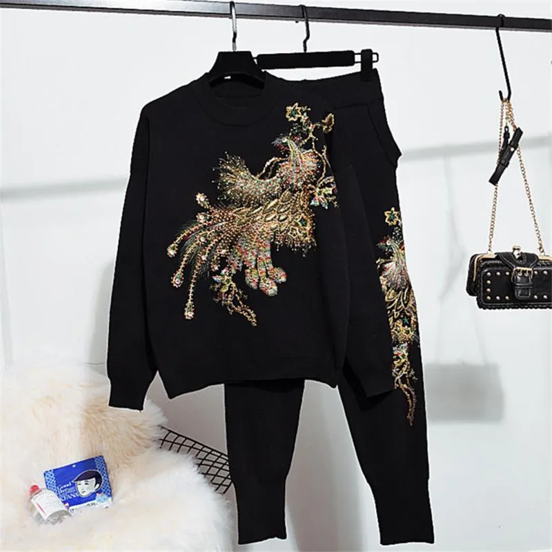 High Quality Winter 2 Piece Sets Women Peacock Embroidery Knitted Sweatshirt Harem Pant Suits Pant Pullovers Tracksuit Femme