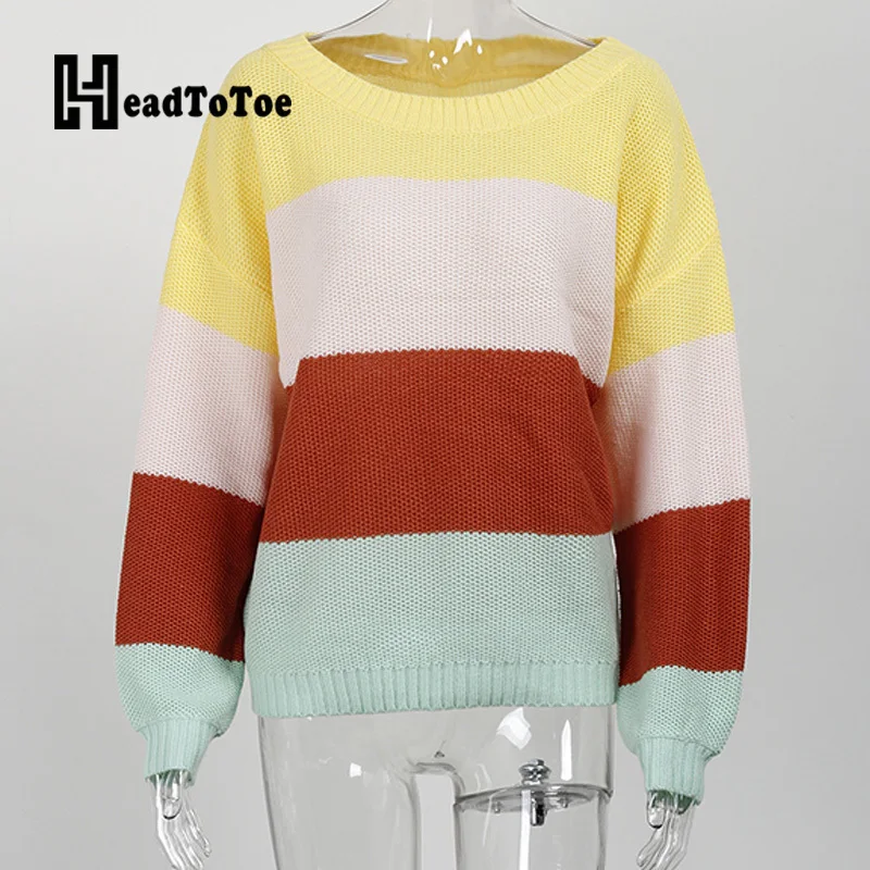

Colorblock Striped Loose Casual Knitted Sweaters Women Long Sleeve Brief Pullover Tops