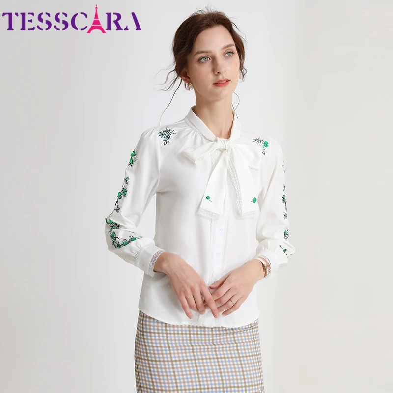 Роскошная женская блузка TESSCARA с вышивкой рубашка женский элегантный белый топ