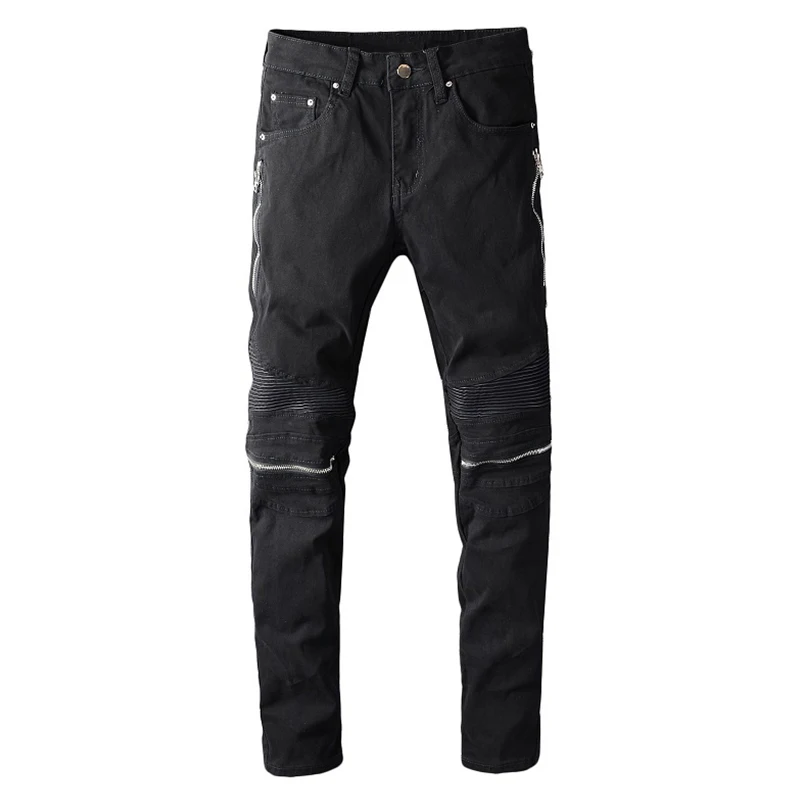 

Sokotoo Men's black zippers pleated PU leather patch biker jeans Fashion streetwear slim skinny stretch denim pants