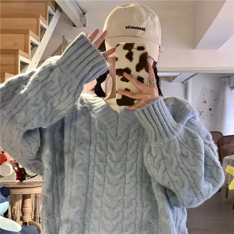 

2021 Spring Autumn Sweaters for Women Loose oversized Long Sleeve Oversize Korean Autumn Clothes Vintage Harajuku Tops V-Neck