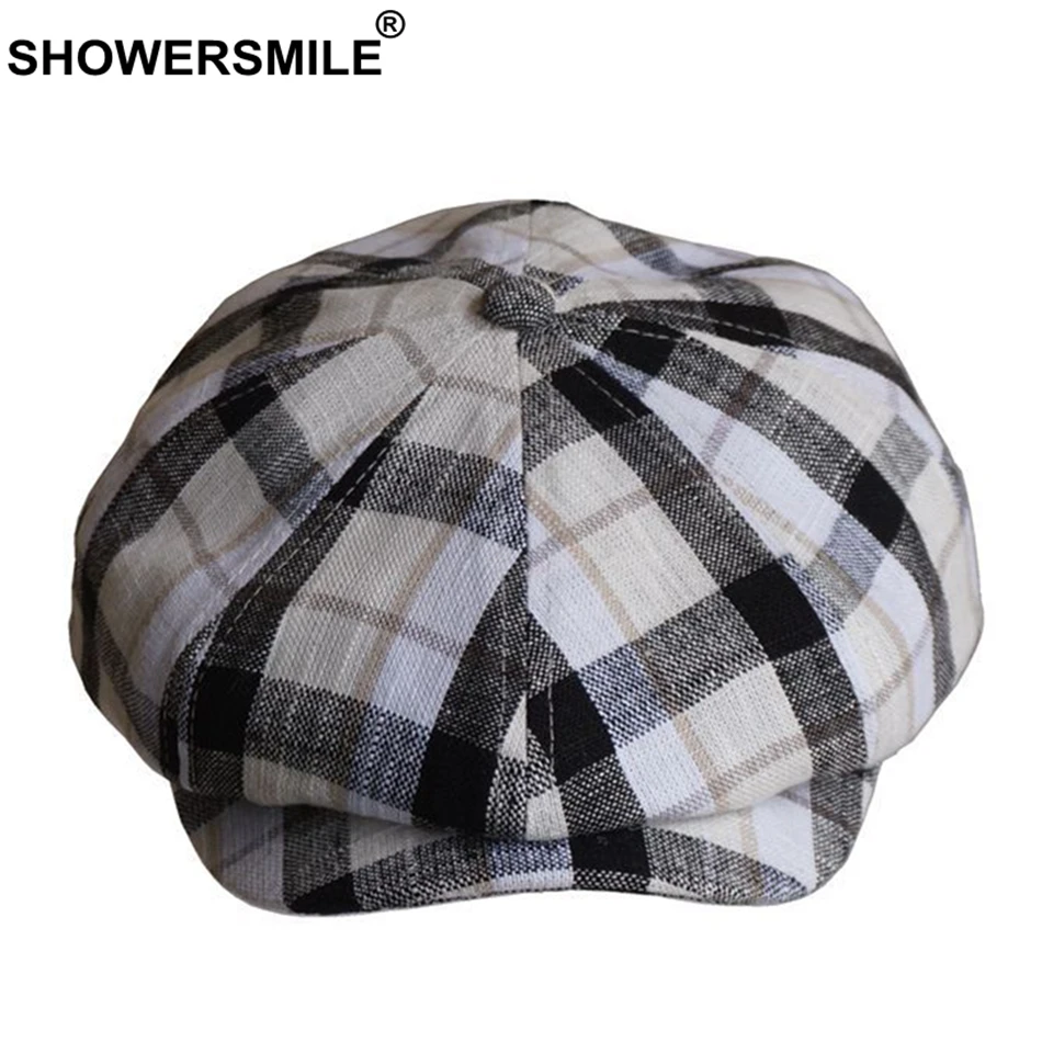 SHOWERSMILE мужские кепки газетчика летние льняные с плоским верхом белые клетчатые