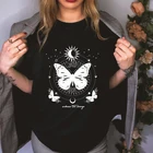 Женская футболка с коротким рукавом, футболка с изображением звездной Луны и монаха, топ в готическом стиле с изображением мистической ведьмы