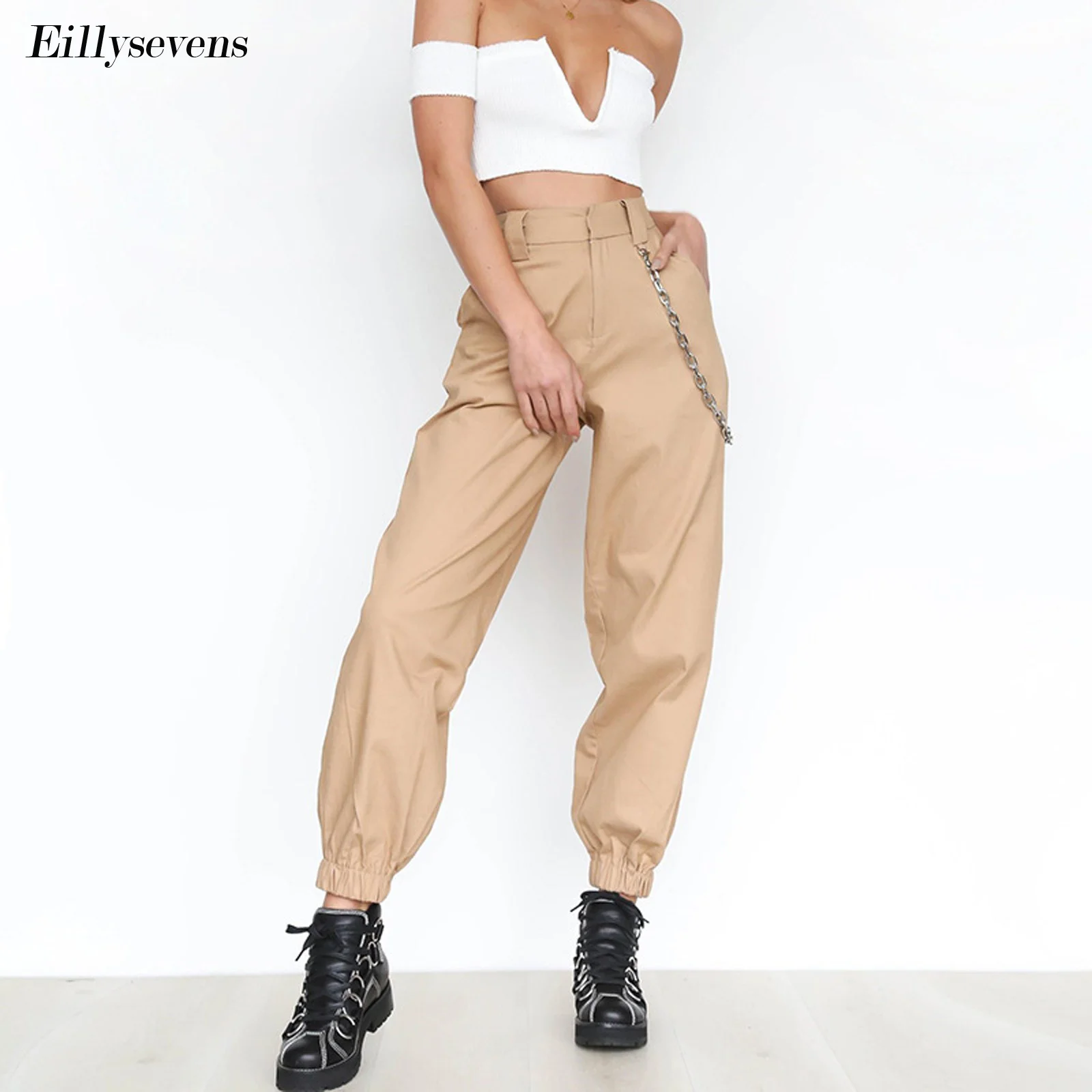 

Stylish Cargo Pants Women Letter Rock Women Chains Sweatpants High Waist Loose Casual Hip Hop Trousers Pockets Pantaloons