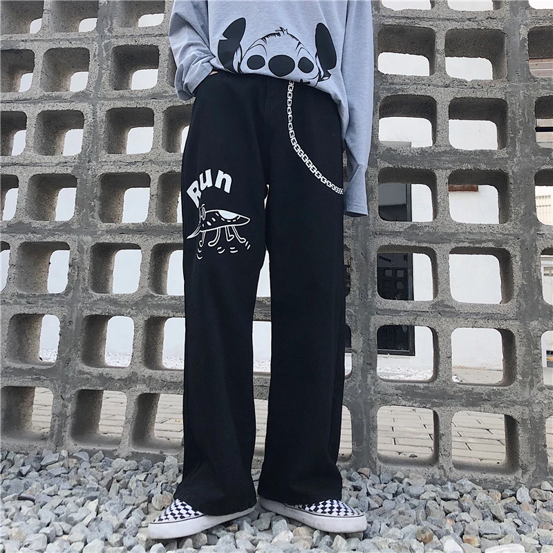 Harajuku Jeans Female Vintage Wash Women Fashion Chain Loose High Waist Cartoon Print Casual Trousers | Женская одежда