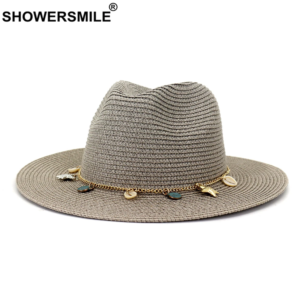 

SHOWERSMILE Sun Hats For Women Summer Wide Brim Ladies Straw Hats Gray Travel Beach British Style Women's Panama Hat